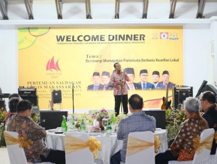 Welcome Dinner Pertemuan Saudagar Bugis Makassar (PSBM) Ke-XIX (19) berlangsung di Rumah Jabatan Gubernur Sulsel, Sabtu (15/6/2019) malam.