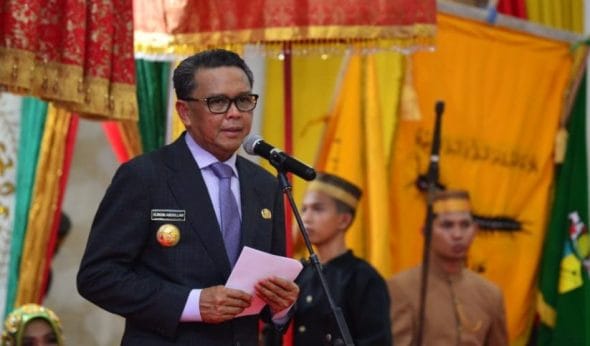 Prof Nurdin Abdullah dalam sambutan di Penobatan Karaeng Turikale yang digelar di Gedung Serbaguna Pemkab Maros, Jl Asoka, Kecamatan Turikale, Maros, Kamis (5/9).
