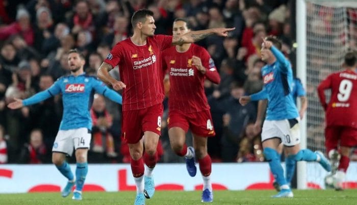 Selebrasi Dejan Lovren usai mencetak gol dalam laga Liverpool vs Napoli (c) AP Photo