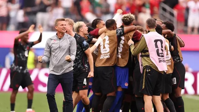 Timnas Kanada merayakan gol saat melawan Afrika Selatan di Los Angeles Stadium, Senin (29/6/2026) dini hari WIB. (AFP)