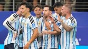 Argentina merayakan gol pertama ke gawang Austria pada laga Grup J Piala Dunia di Arlington, Texas, Selasa (23/06/2026). (AP/Tony Gutierrez)