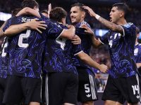 Timnas Argentina melakukan selebrasi setelah mencetak gol ke gawang Yordania pada Minggu (28/6/2026). (FIFA)