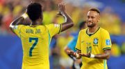 Vinicius (kiri) dan Neymar (kanan) bersama-sama melakukan perayaan gol setelah menjebol gawang Skotlandia di Miami Stadium pada Kamis (25/6/2026). (Reuters)