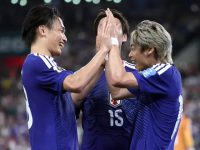 Timnas Jepang merayakan kemenangan besar melawan Tunisia di Piala Dunia 2026. (AFP)