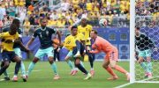 Gonzalo Plata (nomor 19) dari Ekuador mencetak gol kedua melawan Jerman di Stadion New York New Jersey pada Jumat (26/6/2026) di East Rutherford, New Jersey. (AFP)