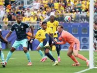 Gonzalo Plata (nomor 19) dari Ekuador mencetak gol kedua melawan Jerman di Stadion New York New Jersey pada Jumat (26/6/2026) di East Rutherford, New Jersey. (AFP)