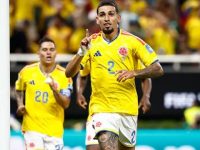 Selebrasi Daniel Munoz saat mencetak gol semata wayang membawa Kolombia menang atas RD Kongo pada Rabu (24/6/2026). (AFP)