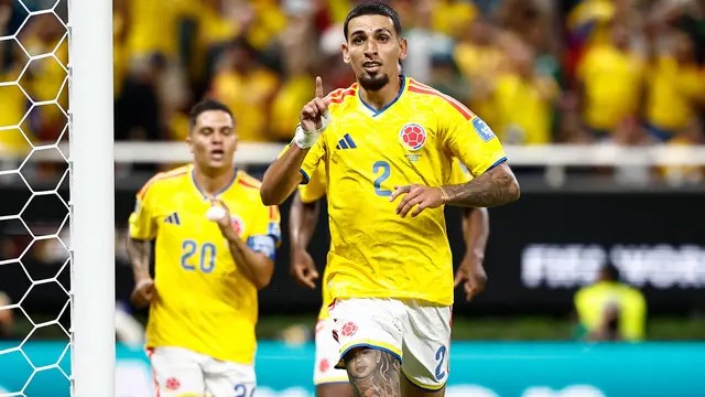 Selebrasi Daniel Munoz saat mencetak gol semata wayang membawa Kolombia menang atas RD Kongo pada Rabu (24/6/2026). (AFP)