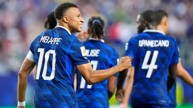 Striker Prancis merayakan gol ke gawang Irak pada Piala dunia 2026, Selasa (23/06/2026). (AP Photo)