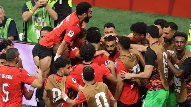 Pemain Timnas Mesir merayakan gol kedua yang dicetak Mohamed Salah kontra Selandaia di BC Place, Vancouver, Kanada, Senin (22/6/2026). (AFP).