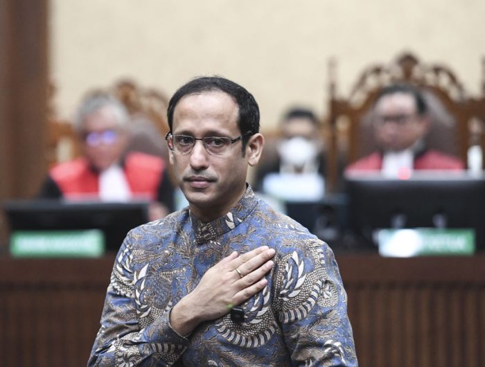 Nadiem Makarim disidang dalam perkara dugaan korupsi pengadaan laptop berbasis Chromebook, Selasa (30/6/2026). (ANTARA)