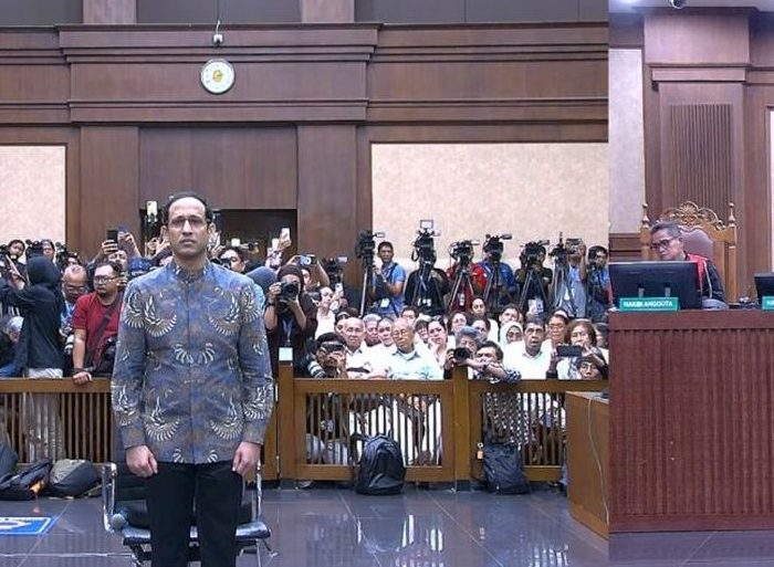 Nadiem Makarim disidang dalam perkara dugaan korupsi pengadaan laptop berbasis Chromebook, Selasa (30/6/2026).