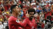 Cristiano Ronaldo melakukan selebrasi setelah mencetak gol di gawang Uzbekistan pada pertandingan yang digelar di Stadion Houston, Houston, Amerika Serikat, Selasa (23/6/2026). (AFP)