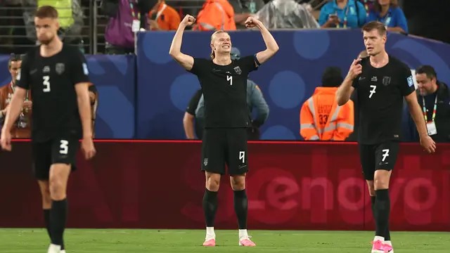 Erling Haaland selebrasi setelah mecetak gol ke gawang Senegal di Piala Dunia 2026.(AFP).